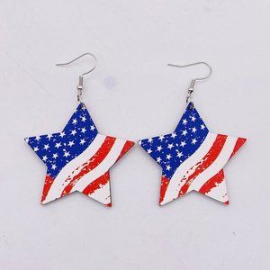 Independence Day 4th Of July Wooden Star Shaped Ear Rings Patriotic